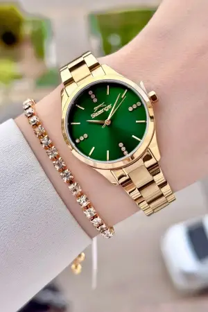 Kadranı Yeşil Kordonu Gold Renk 30 Mm Kadın Kol Saati Ve Bileklik