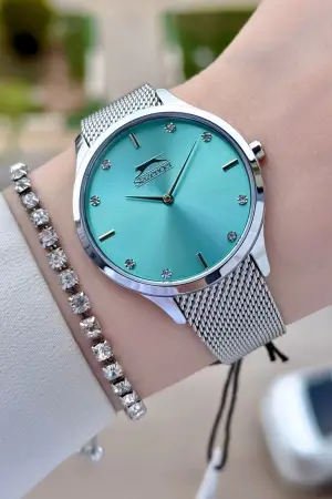 Kadranı Su Yeşili Kordonu Gümüş Renk Hediye Paketli Kadın Kol Saati Ve Bileklik