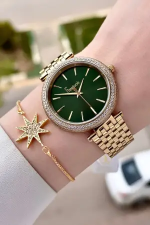 Kadranı Yeşil Kordonu Gold Renk 38 Mm Kadın Kol Saati Ve Bileklik