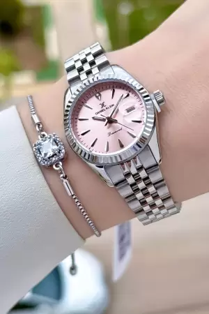Diamond Kadranı Pembe Kordonu Gümüş Renk 28 Mm Kadın Kol Saati Ve Bileklik
