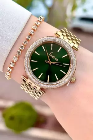 Kadranı Yeşil Kordonu Altın Renk 2 Yıl Garantili 38 Mm Kadın Kol Saati Ve Bileklik