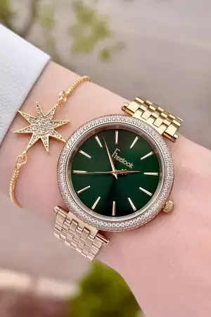 Kadranı Yeşil Kordonu Altın Renk 2 Yıl Garantili 38 Mm Kadın Kol Saati Ve Bileklik