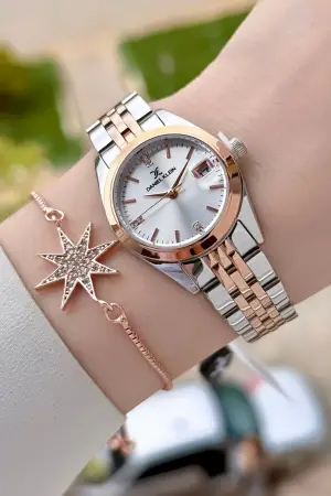 Rose Gümüş Renk Hediye Paketli Kadın Kol Saati ve Bileklik