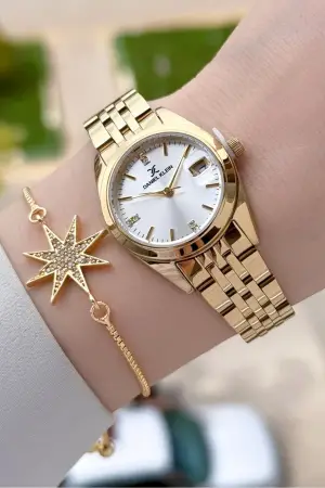 Gold Renk 28 Mm Kadın Kol Saati Ve Bileklik