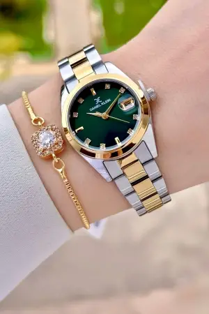 Kadranı Yeşil Kordonu Gold Gümüş Renk 28 Mm Kadın Kol Saati Ve Bileklik