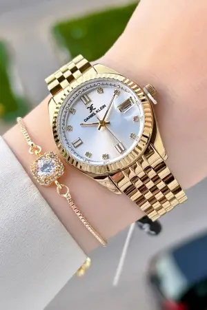 Gold Renk Hediye Paketli Kadın Kol Saati + Bileklik