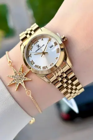 Gold Renk Hediye Paketli Kadın Kol Saati + Bileklik