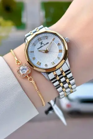 Gold Gümüş Renk Kesme Camlı Kadın Kol Saati ve Bileklik