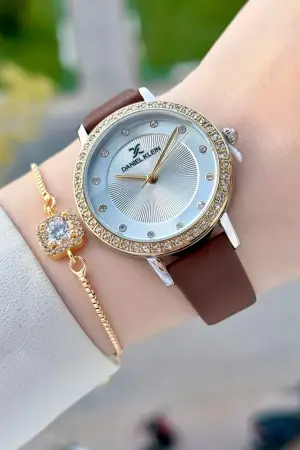 Kasası Gold Gümüş Kordonu Kahverengi Renk Deri Kordon Kadın Kol Saati Ve Bileklik