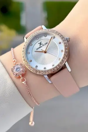 Kasası Rose Gümüş Kordonu Pudra Renk Deri Kordon Kadın Kol Saati Ve Bileklik