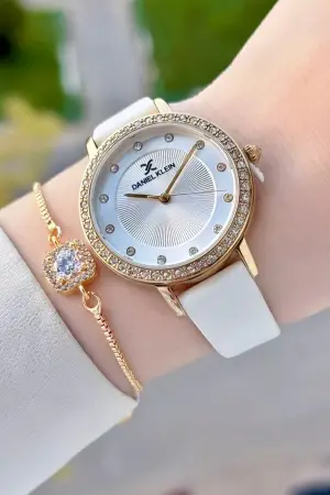 Kasası Gold Kordonu Beyaz Renk Deri Kordon Kadın Kol Saati Ve Bileklik