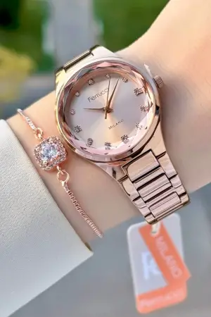 Rose Renk Kadın Kol Saati ve Bileklik