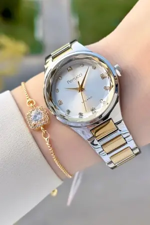 Gold Gümüş Renk Kadın Kol Saati ve Bileklik