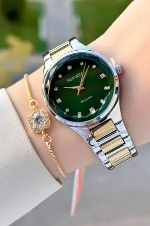 Kadranı Yeşil Kordonu Gold Gümüş Renk Kadın Kol Saati ve Bileklik