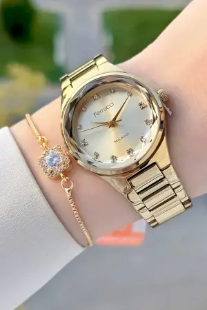 Gold Renk Kadın Kol Saati ve Bileklik