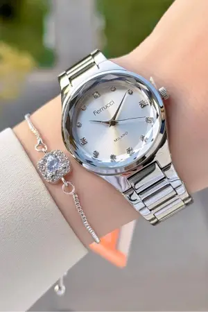 Gümüş Renk Kadın Kol Saati ve Bileklik