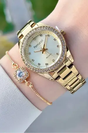 Gold Renk Kadın Kol Saati ve Bileklik