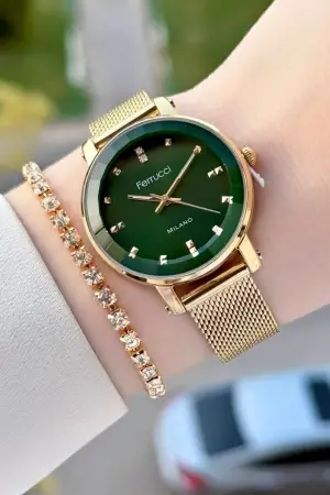 Kadranı Yeşil Kordonu Gold Renk Kadın Kol Saati ve Bileklik