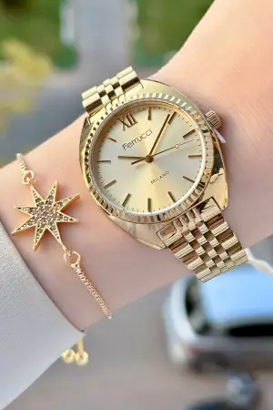 Gold Renk Kadın Kol Saati ve Bileklik