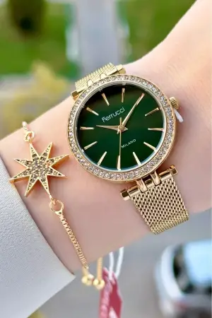 Kadranı Yeşil Kordonu Gold Renk Kadın Kol Saati ve Bileklik