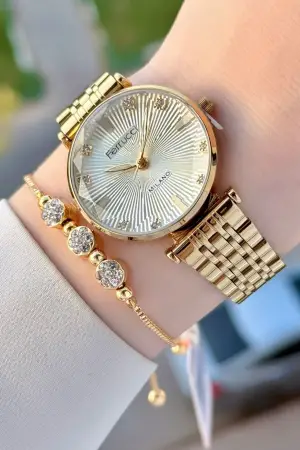 Gold Renk Hediye Paketli Kadın Kol Saati ve Bileklik