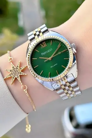Kadranı Yeşil Kordonu Gold Gümüş Renk Kadın Kol Saati ve Bileklik