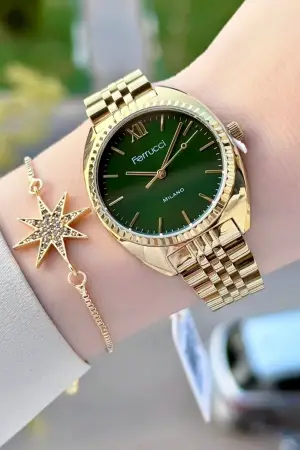 Kadranı Yeşil Kordonu Gold Renk Kadın Kol Saati ve Bileklik