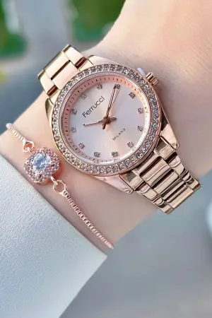 Rose Renk Kadın Kol Saati ve Bileklik