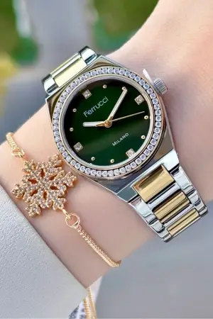 Kadranı Yeşil Kordonu Gold Gümüş Renk Kadın Kol Saati ve Bileklik