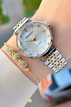 Gold Gümüş Renk Hediye Paketli Kadın Kol Saati ve Bileklik