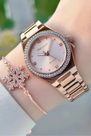 Rose Renk Kadın Kol Saati ve Bileklik