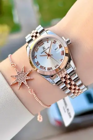 Rose Gümüş Renk Hediye Paketli Kadın Kol Saati + Bileklik