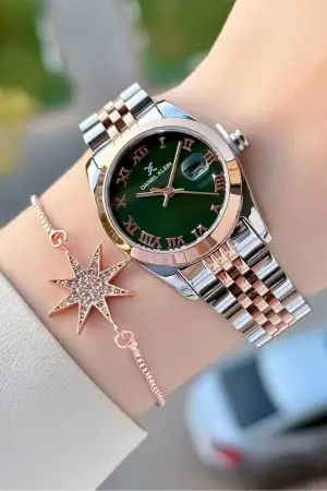 Kadranı Yeşil Kordonu Rose Gümüş Renk Hediye Paketli Kadın Kol Saati + Bileklik