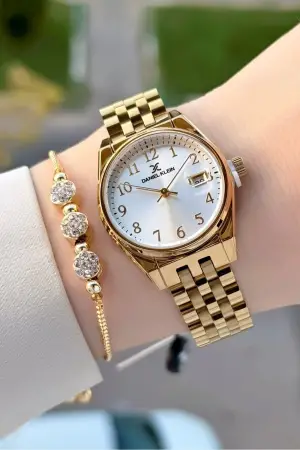 Gold Renk 30 Mm Kadın Kol Saati ve Bileklik