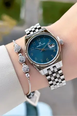 Kadranı Mavi Kordonu Rose Renk 30 Mm Kadın Kol Saati ve Bileklik