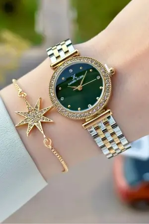 Kadranı Yeşil Kordonu Gold Gümüş Renk 28 Mm Kadın Kol Saati ve Bileklik