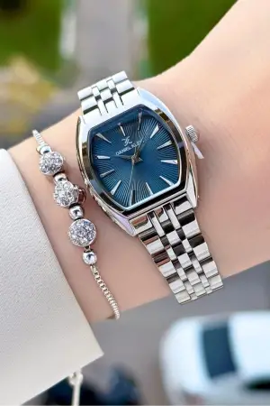 Kadranı Mavi Kordonu Gold Renk Kadın Kol Saati ve Bileklik