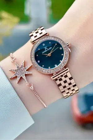 Kadranı Mavi Kordonu Rose Renk 28 Mm Kadın Kol Saati ve Bileklik