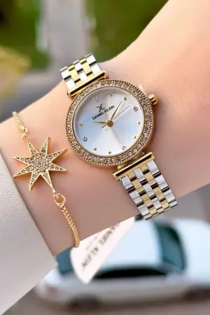 Gold Gümüş Renk 28 Mm Kadın Kol Saati ve Bileklik