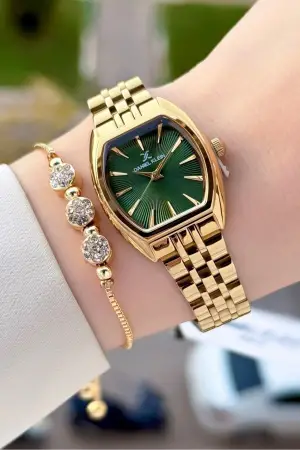 Kadranı Yeşil Kordonu Gold Renk Kadın Kol Saati ve Bileklik