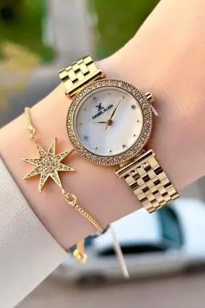 Gold Renk 28 Mm Kadın Kol Saati ve Bileklik