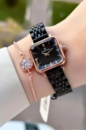 Kasası Rose Kordonu Siyah Renk 24 Mm Kadın Kol Saati ve Bileklik