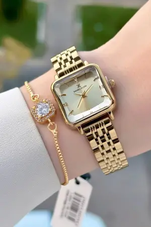 Kasası ve Kadranı Gold Renk 24 Mm Kadın Kol Saati ve Bileklik