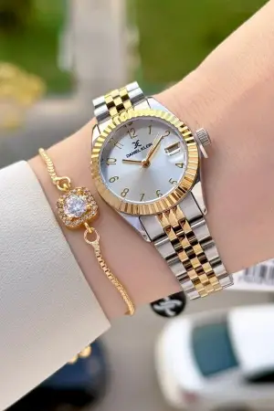 Gold Gümüş Renk 28 Mm Kadın Kol Saati ve Bileklik