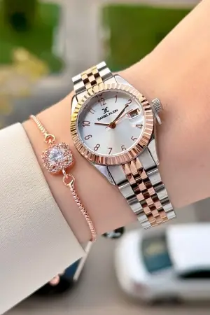 Rose Gümüş Renk 28 Mm Kadın Kol Saati ve Bileklik