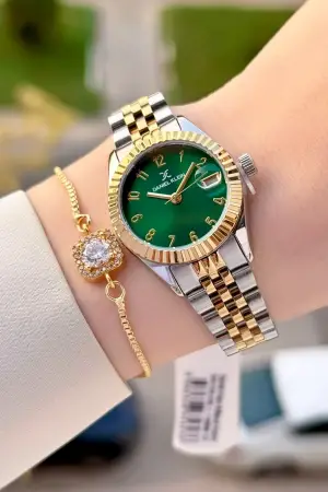 Kadranı Yeşil Kordonu Gold Gümüş Renk 28 Mm Kadın Kol Saati ve Bileklik
