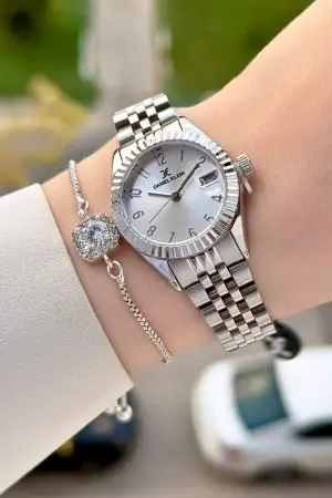 Gümüş Renk 28 Mm Kadın Kol Saati ve Bileklik