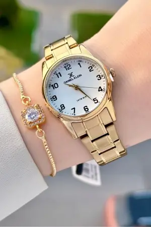 Gold Renk Rakamlı Kadın Kol Saati ve Bileklik