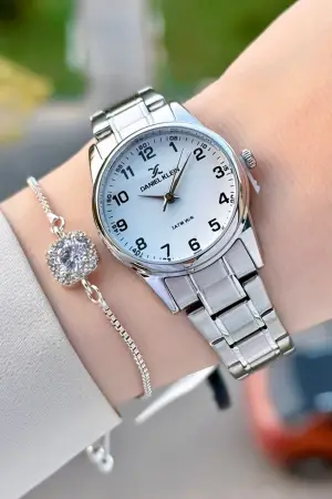 Gümüş Renk Rakamlı Kadın Kol Saati ve Bileklik