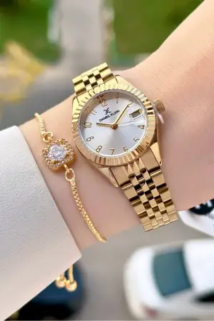 Gold Renk 28 Mm Kadın Kol Saati ve Bileklik